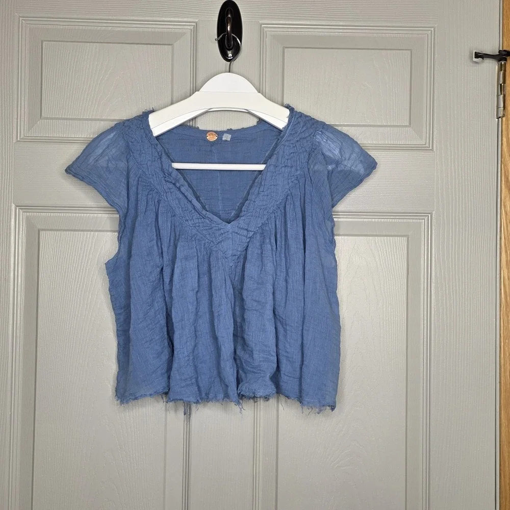 Free People FP One Padma Top Coastal V Neck Flutter Sleeve Blouse Oversized Sm